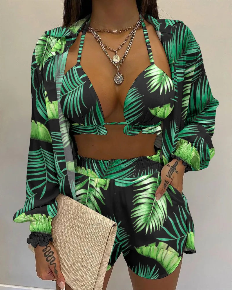 2024 New Bathing Suit Shorts Cover Up Summer Three Pieces Swimwear Sexy Beachwear High Waist Bikini Set Print Women's Swimsuit -