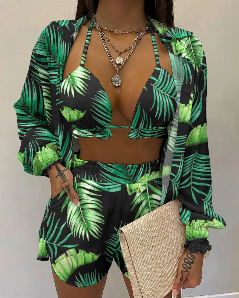 2024 New Bathing Suit Shorts Cover Up Summer Three Pieces Swimwear Sexy Beachwear High Waist Bikini Set Print Women's Swimsuit -