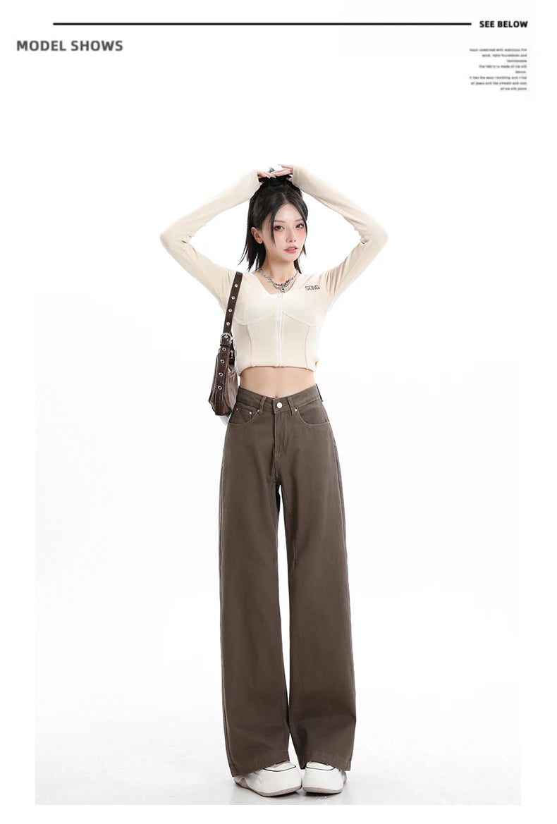 Rock the urban vibe with these baggy, high-street fashion, straight brown jeans for women! -