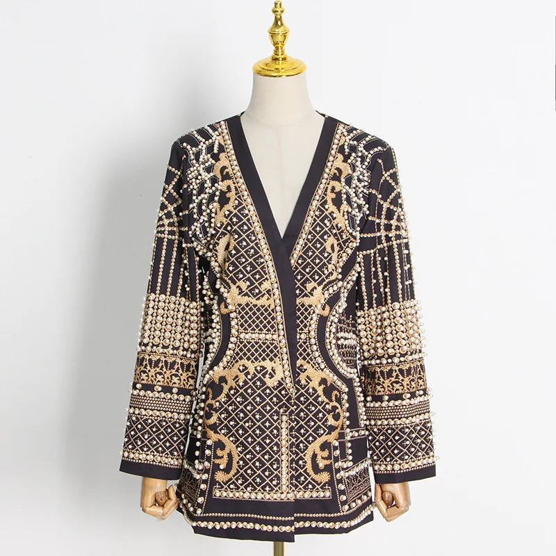 Turn heads with this mid-length slim fit blazer for women—featuring a sexy V-neck, full sleeves, regular tight waist, elegant pearl accents, and stylish splice detailing! -