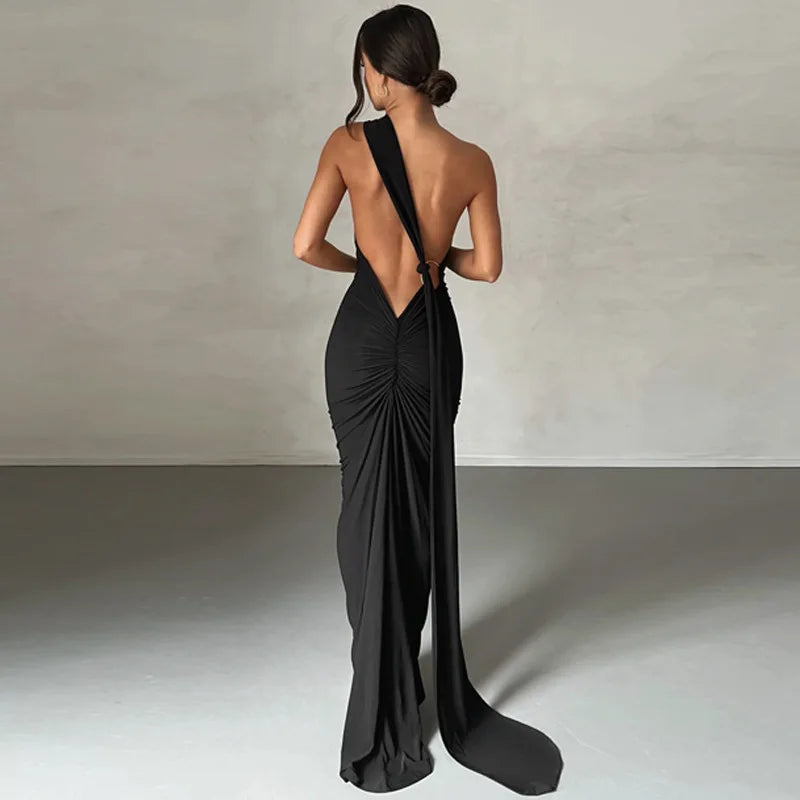One Shoulder Sleeveless Backless Maxi Dress -