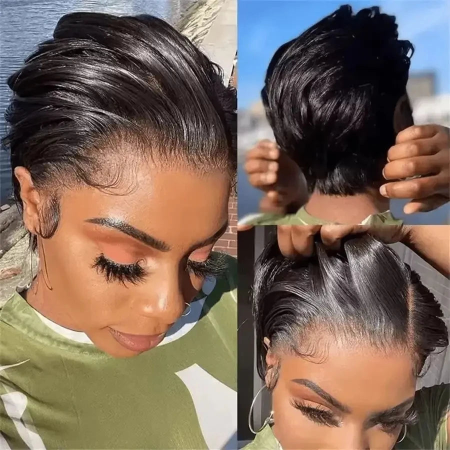 Refresh your style with this 13x4 lace frontal short human hair wig—featuring a trendy pixie cut and natural lace front for a flawless, stylish look! -