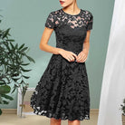 Make a chic statement with this elegant women's dress featuring an O-neck design, transparent lace, and hollow detail—a perfect choice for a sophisticated and stylish look. -