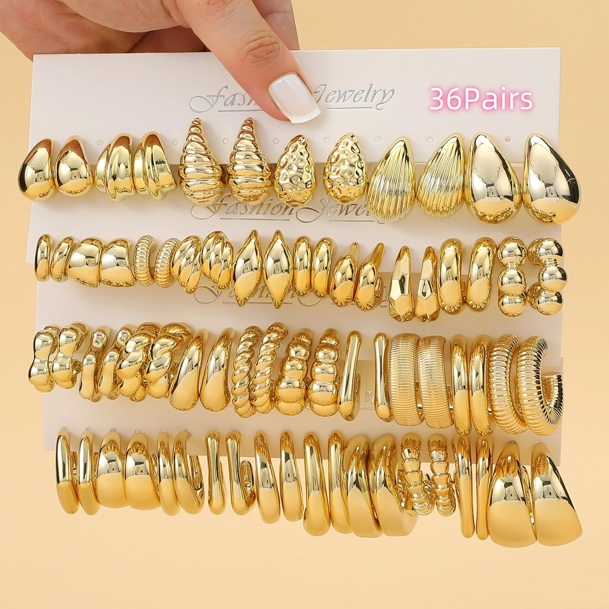 6 PAIRS-36 PAIRS Trendy Golden C-shaped, Water-droplet, Threaded Earring Set, -