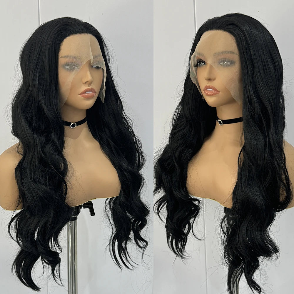 Achieve versatile and trendy looks with this black lace front wig. Featuring long, body wavy heat-resistant fiber, and a glueless design, this wig is perfect for effortless and stylish hair transformations. -