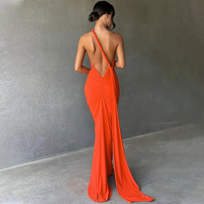 One Shoulder Sleeveless Backless Maxi Dress -
