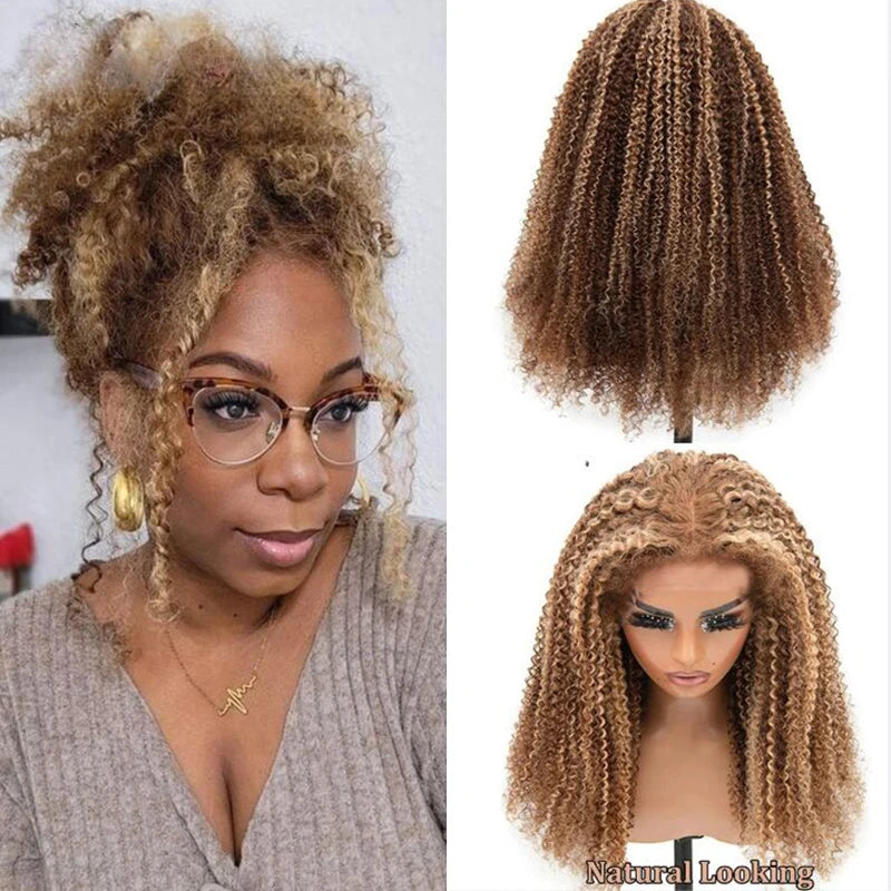 Afro Kinky Curly Blonde Highlight Human Hair 13x4 Lace Frontal Pre Plucked -