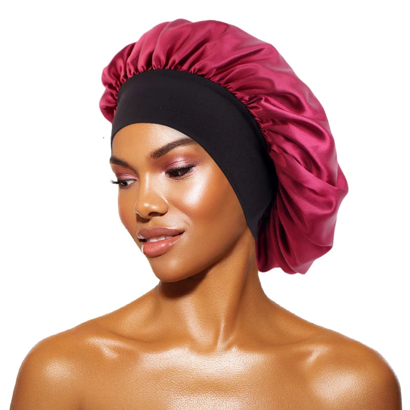 Protect your hair in style with these satin solid bonnets. Featuring a wide-brim design, these hats are perfect for night sleeping or bathing and are suitable for both men and women. -