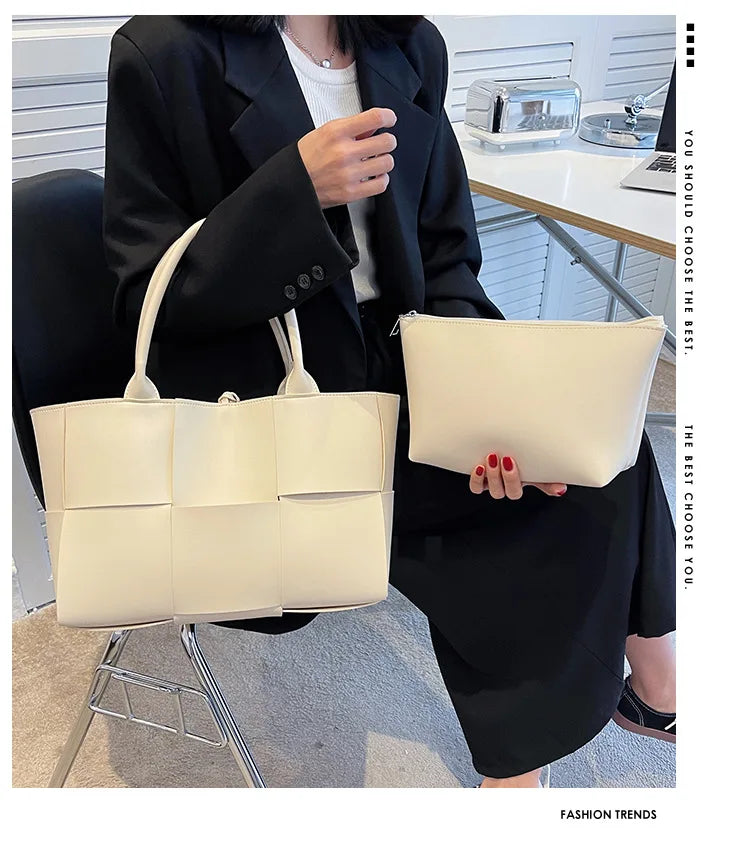 Make a fashion statement with this large capacity handbag. Crafted with stylish woven leather, this tote bag is perfect for adding a touch of elegance to your everyday outfit. -