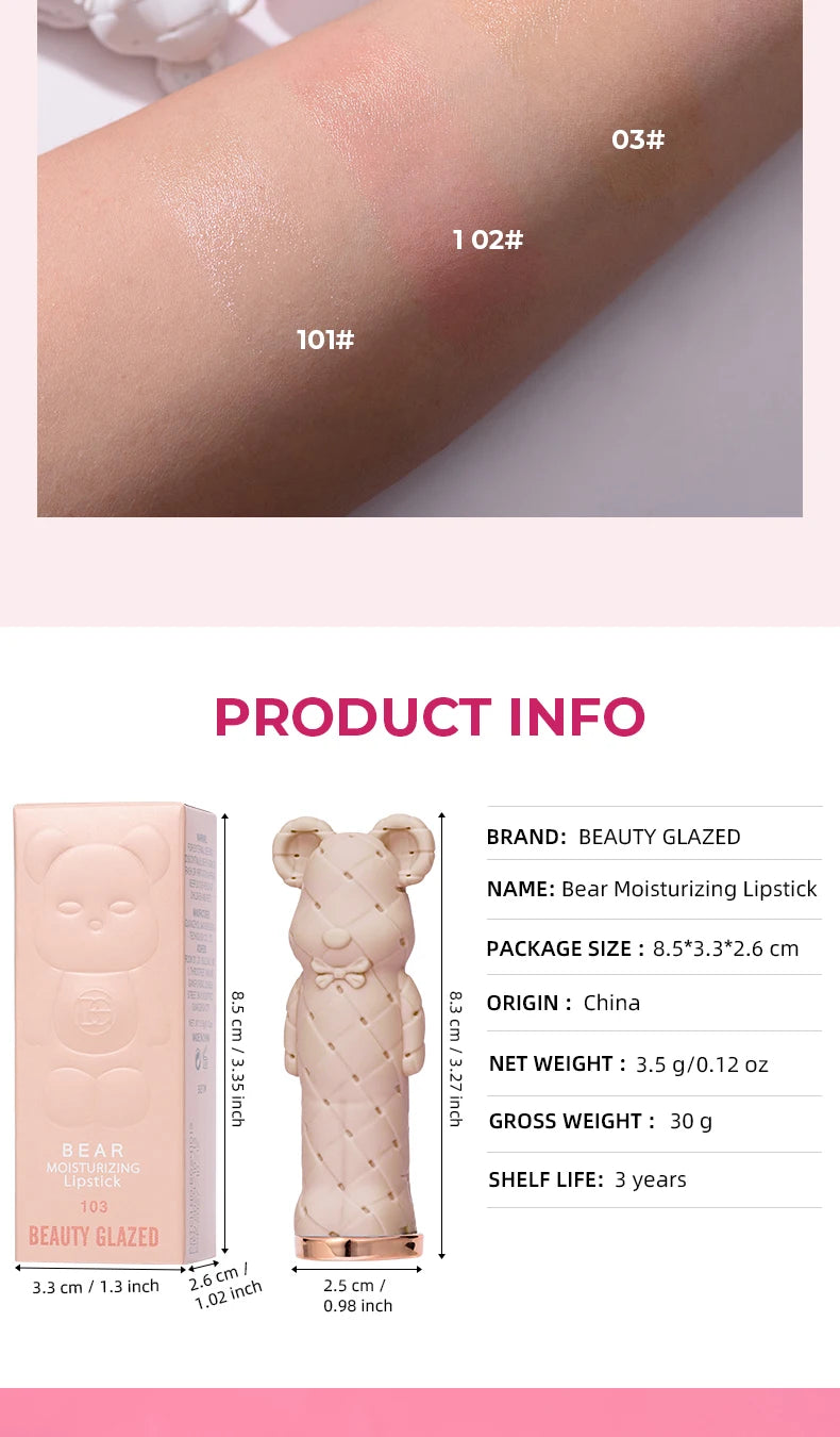Beauty Glazed Bear Moisturizing Lipstick,Colored Lip Balm,Nourishing Lip stick,Easy To Color,Watery -
