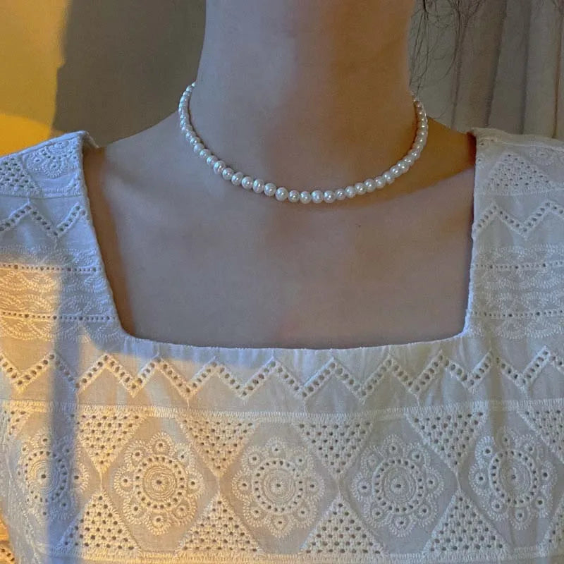 Vintage White Pearl Chain Choker Necklace -
