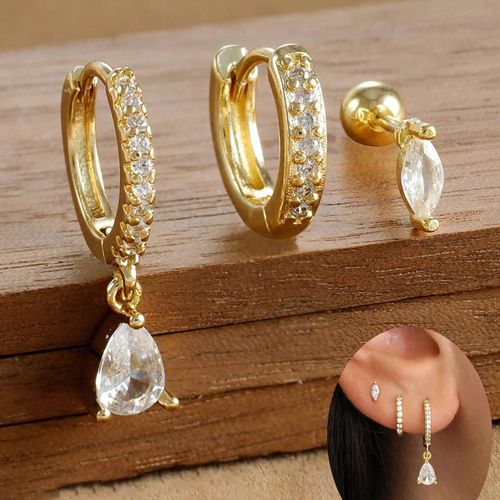3PCS Stainless Steel Zircon Flower Earring Set for Women -