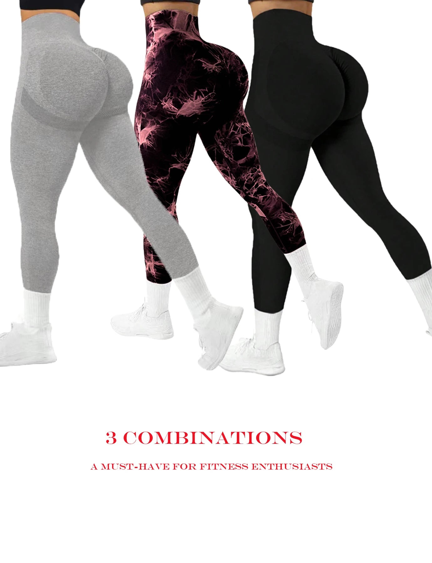 Three pairs of seamless high-waist yoga trousers, solid color + tie-dye combination, perfect for yoga, gym and running. -