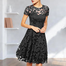Make a chic statement with this elegant women's dress featuring an O-neck design, transparent lace, and hollow detail—a perfect choice for a sophisticated and stylish look. -