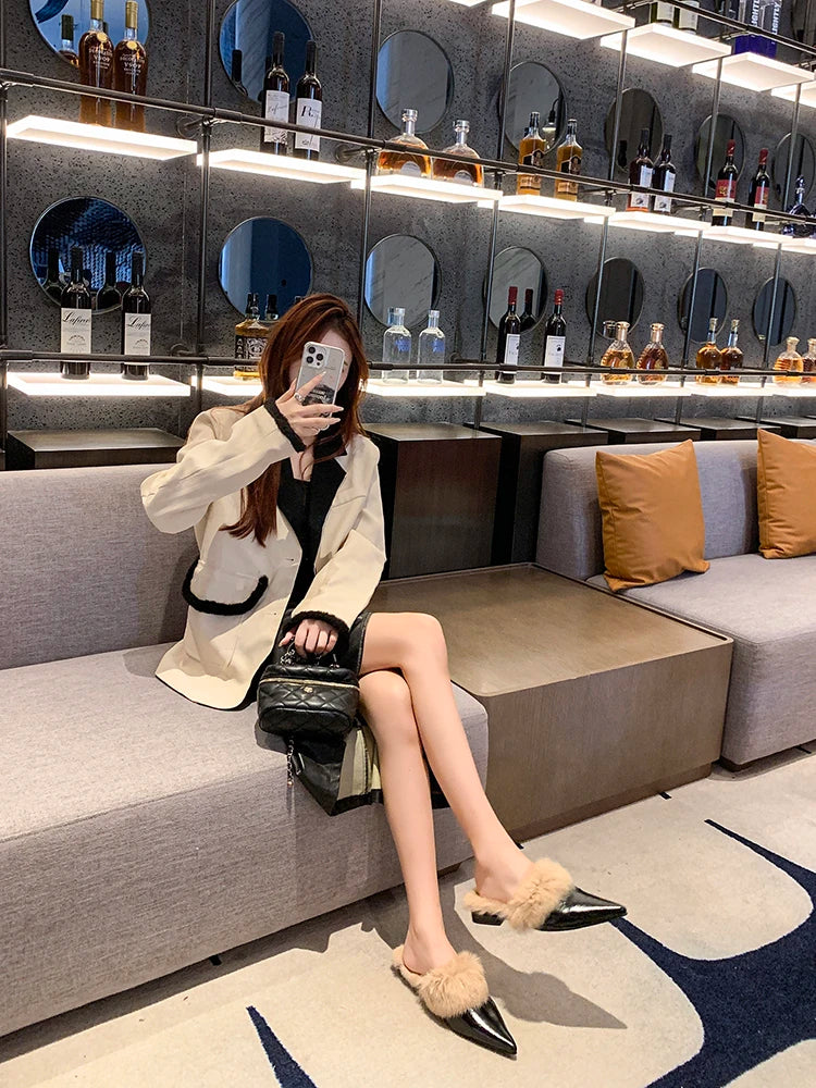 2025 New Shoes for Women House Slippers Platform Fur Flip Flops Slides Loafers Cover Toe Low Plush New Flat Basic Женская Обувь -