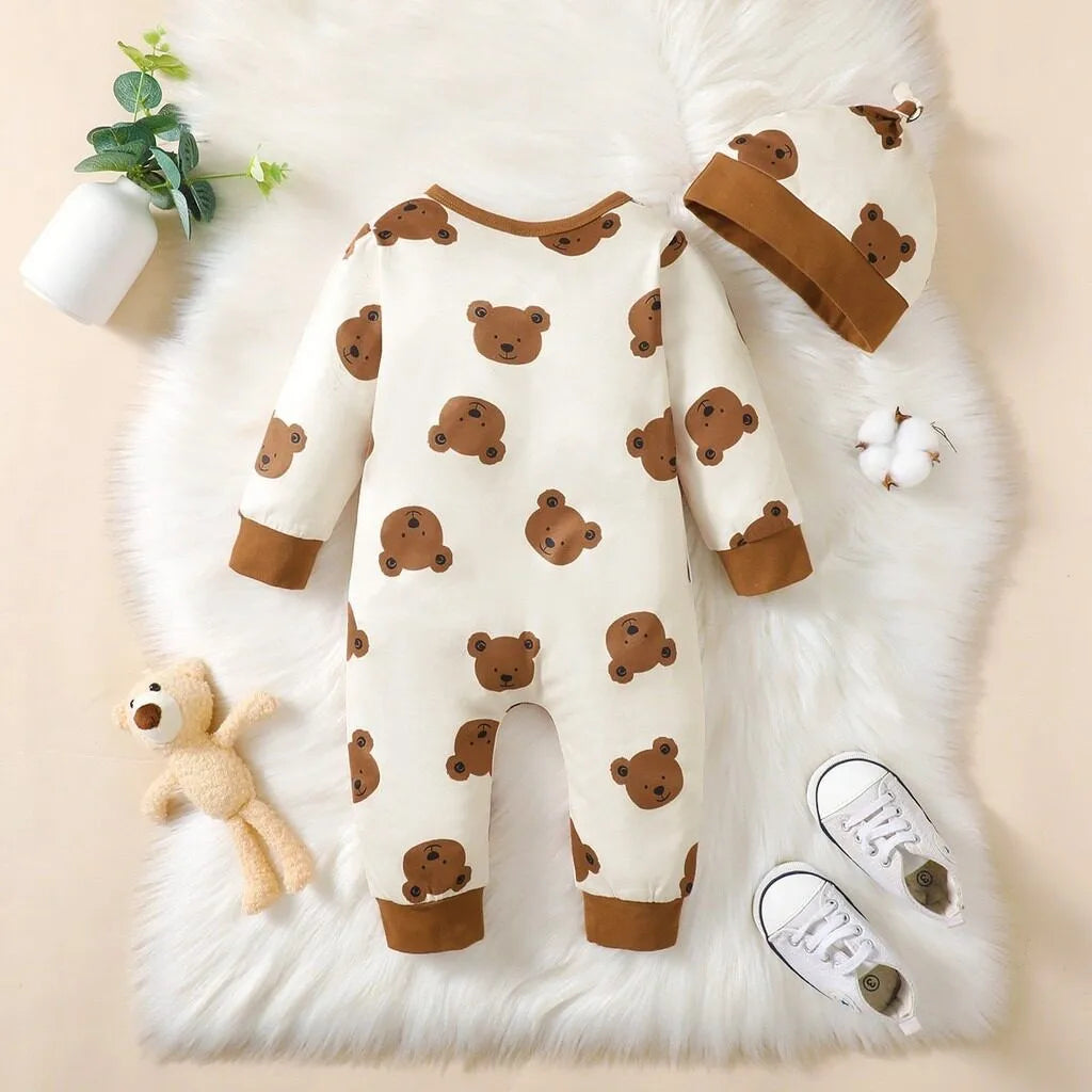 Keep your newborn baby boy cozy and adorable this spring with this 2-piece set—featuring a long-sleeved bear print romper and matching hat, perfect for ages 0-1 year! -