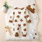 Keep your newborn baby boy cozy and adorable this spring with this 2-piece set—featuring a long-sleeved bear print romper and matching hat, perfect for ages 0-1 year! -