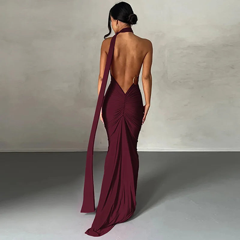 One Shoulder Sleeveless Backless Maxi Dress -