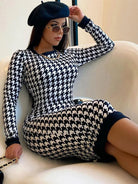 Houndstooth Print Women Long Sleeve Midi Dress -