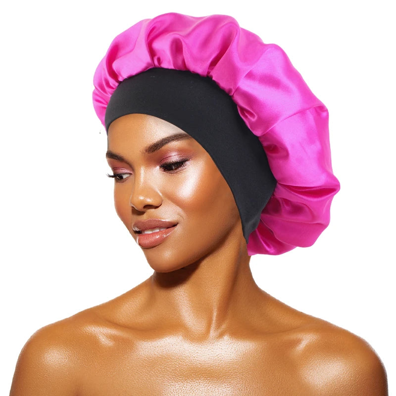 Protect your hair in style with these satin solid bonnets. Featuring a wide-brim design, these hats are perfect for night sleeping or bathing and are suitable for both men and women. -