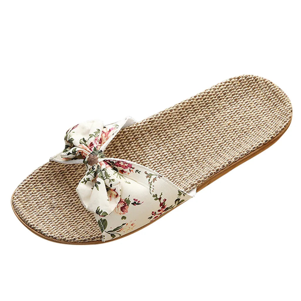 Ladies' Bohemian Style Bow Flower Linen Slippers Sandals Beach Shoes Home Shoes Beach Slippers Indoor Non Slip Shoes 2024 -