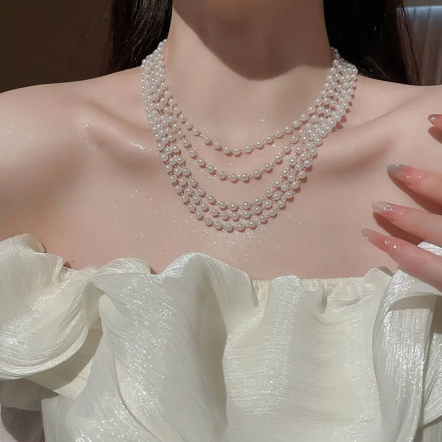 Multi-Layer Pearl Choker Necklace -