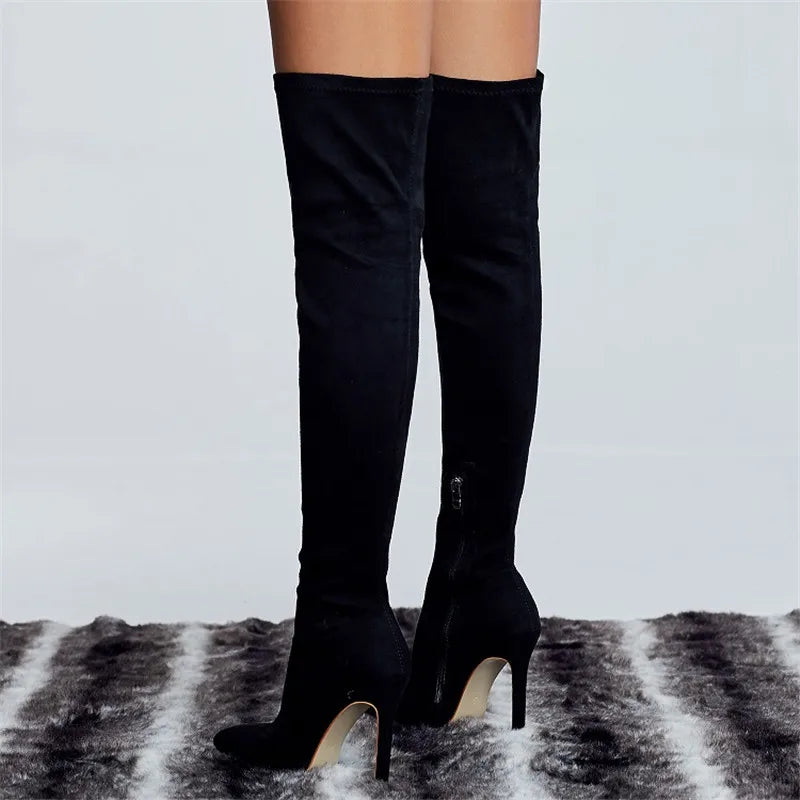 Eilyken Sexy Fashion Pointed Toe Over-The-Knee Boots Women Red Zipper High Heels Shoes Winter Striptease Motorcycle Long Botas -