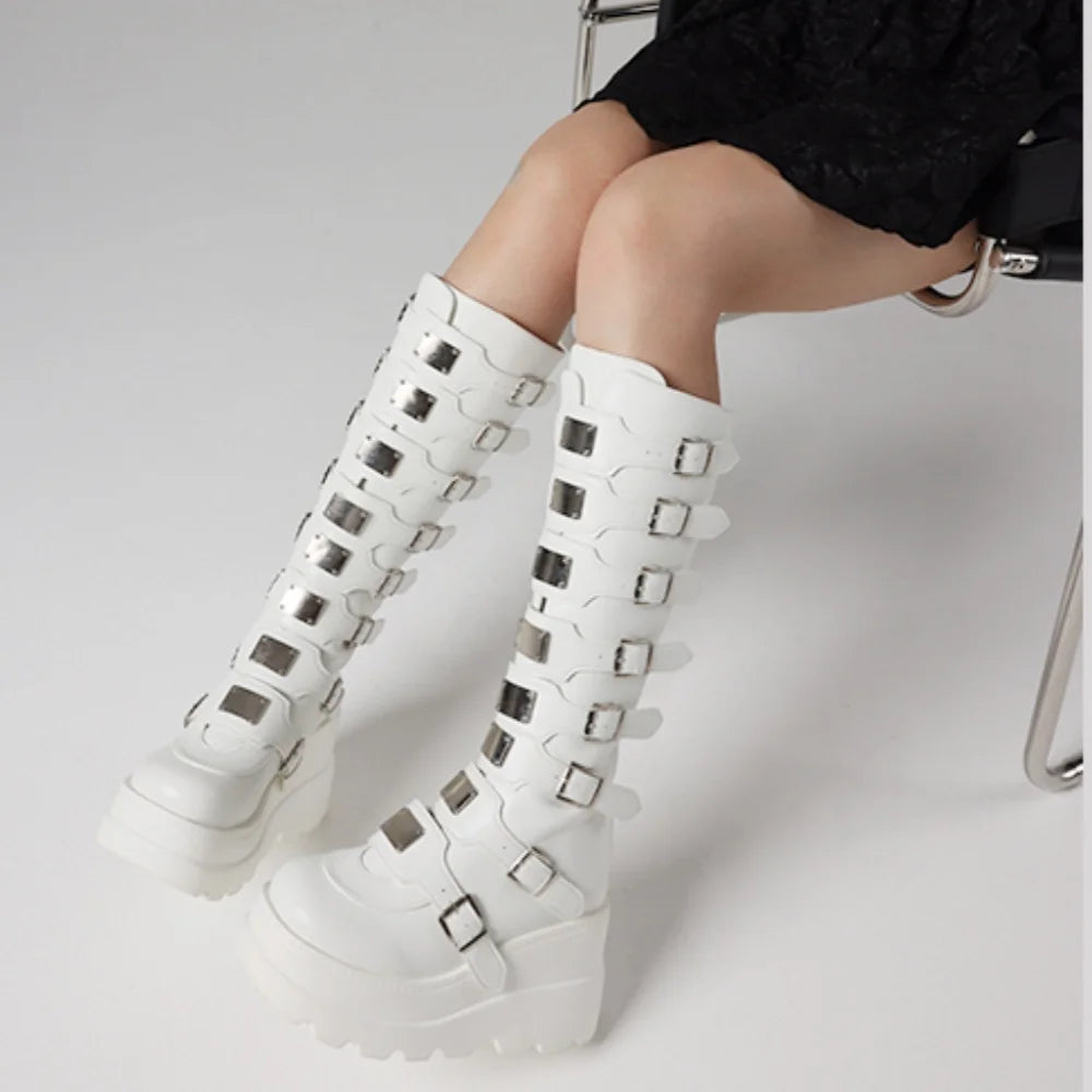 GIGIFOX Goth Metal Buckle Combat Mid-Calf Boots For Women Round Toe Platform Chunky High Wedges Cool Fashion Motorcycle Boots -