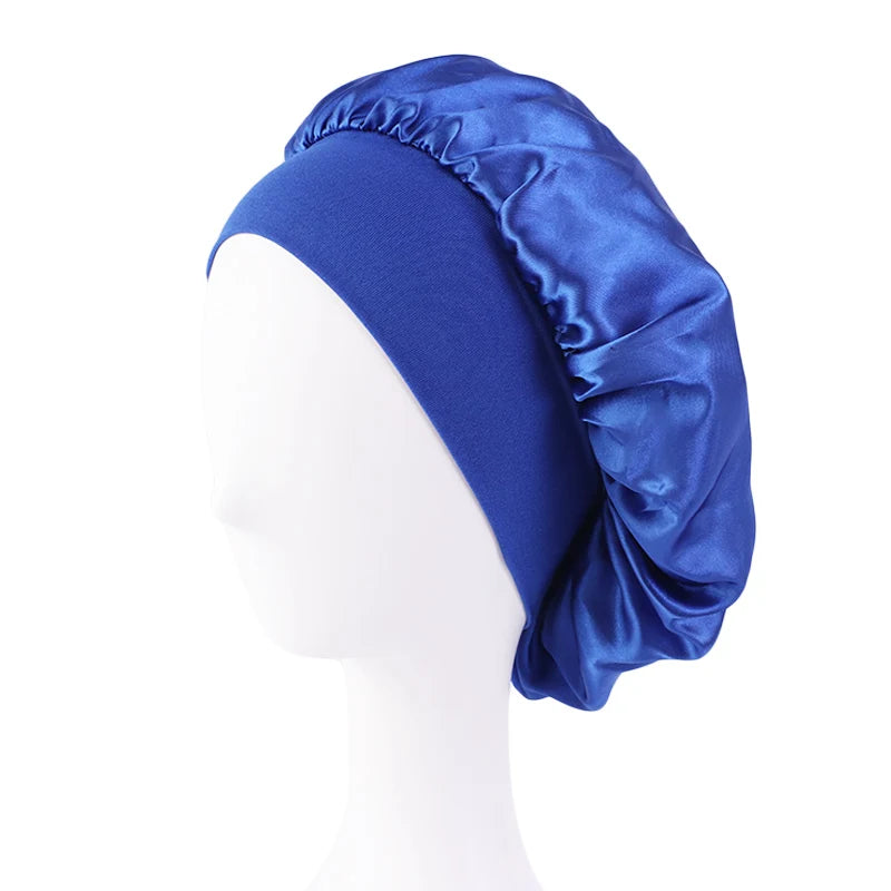 Protect your hair in style with these satin solid bonnets. Featuring a wide-brim design, these hats are perfect for night sleeping or bathing and are suitable for both men and women. -
