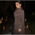 Elegant Women Pleated Irregular Patchwork Maxi Dress Chic Long Sleeve High Neack Dresses 2025 Summer Turtleneck Party Prom Gowns -