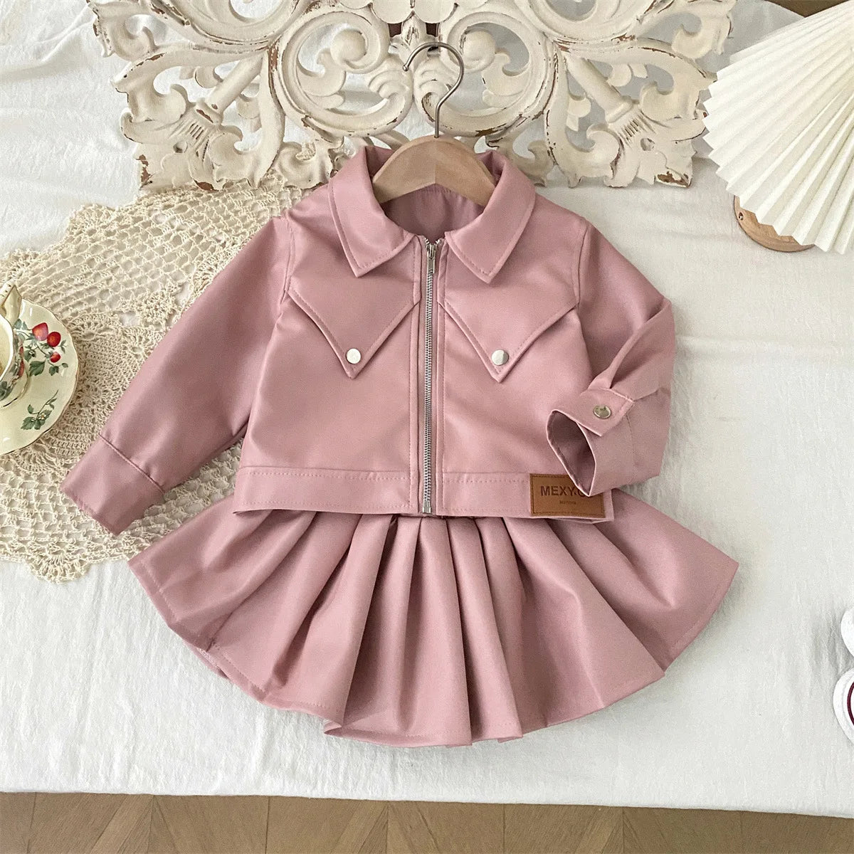 Children's Clothing Set 2025 Kids Clothes Autumn New Cool Girls Pu Leather Jacket With Short Skirt Fashion Two-Piece Outfit Set -