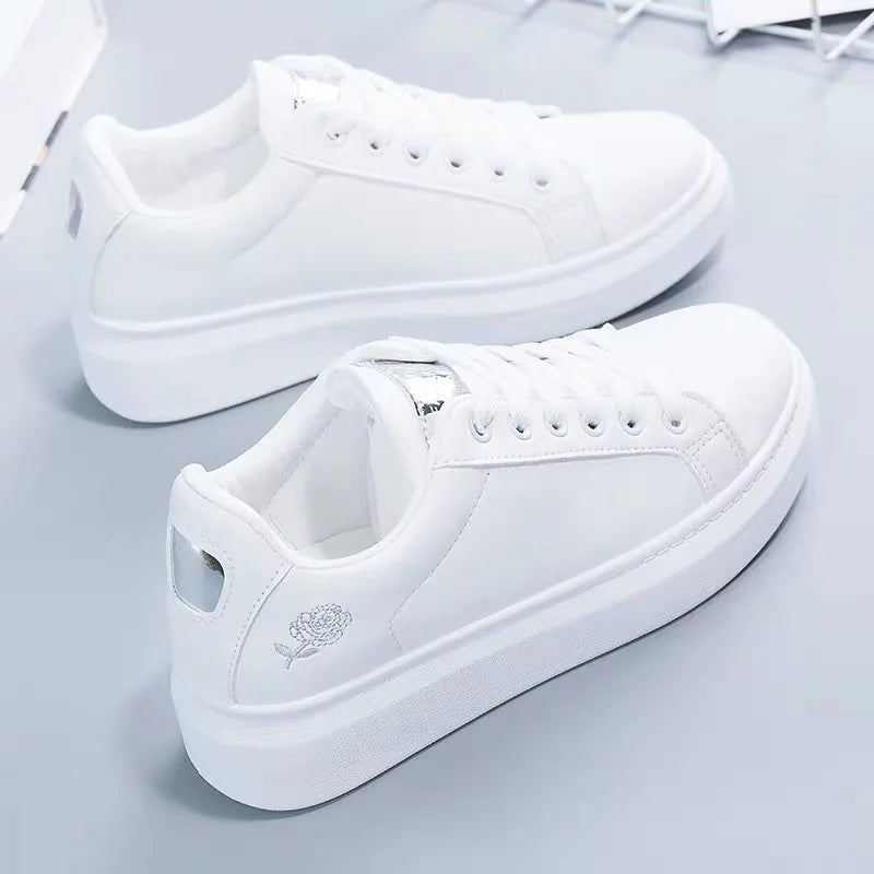 Women Casual Shoes New Spring White Sneakers Breathable Flower Lace-Up Women Sneakers Women Shoes Fashion Embroidered -