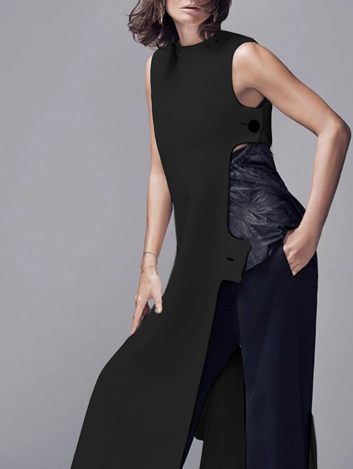 Fashion Plain Crew Neck Sleeveless Button Slit Dress Sexy Vintage Casual Chic Summer Slim Single Button High Street Long Dress -