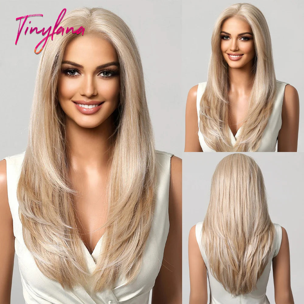 Glow with confidence wearing this ombre blonde platinum 13x6 lace frontal wig—long, straight, heat-resistant, and designed for a natural hairline, perfect for daily wear! -