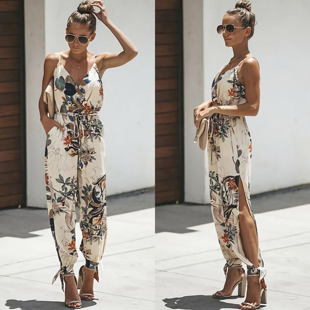 Dress to impress in this sexy and stylish women's summer jumpsuit. Featuring a backless design, deep V-neckline, floral print, and strappy details, this romper is perfect for making a statement with your outfit! -
