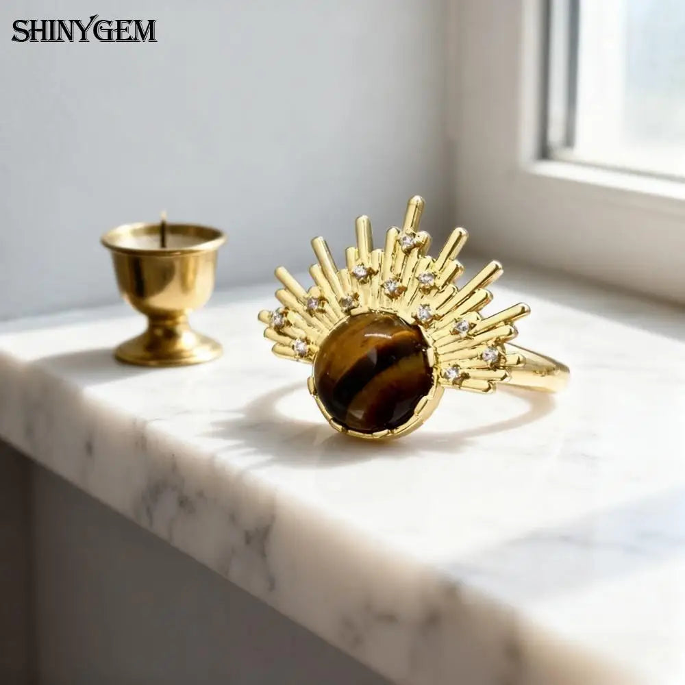 18K Gold Natural Crystal Stone (Tiger Eye) -