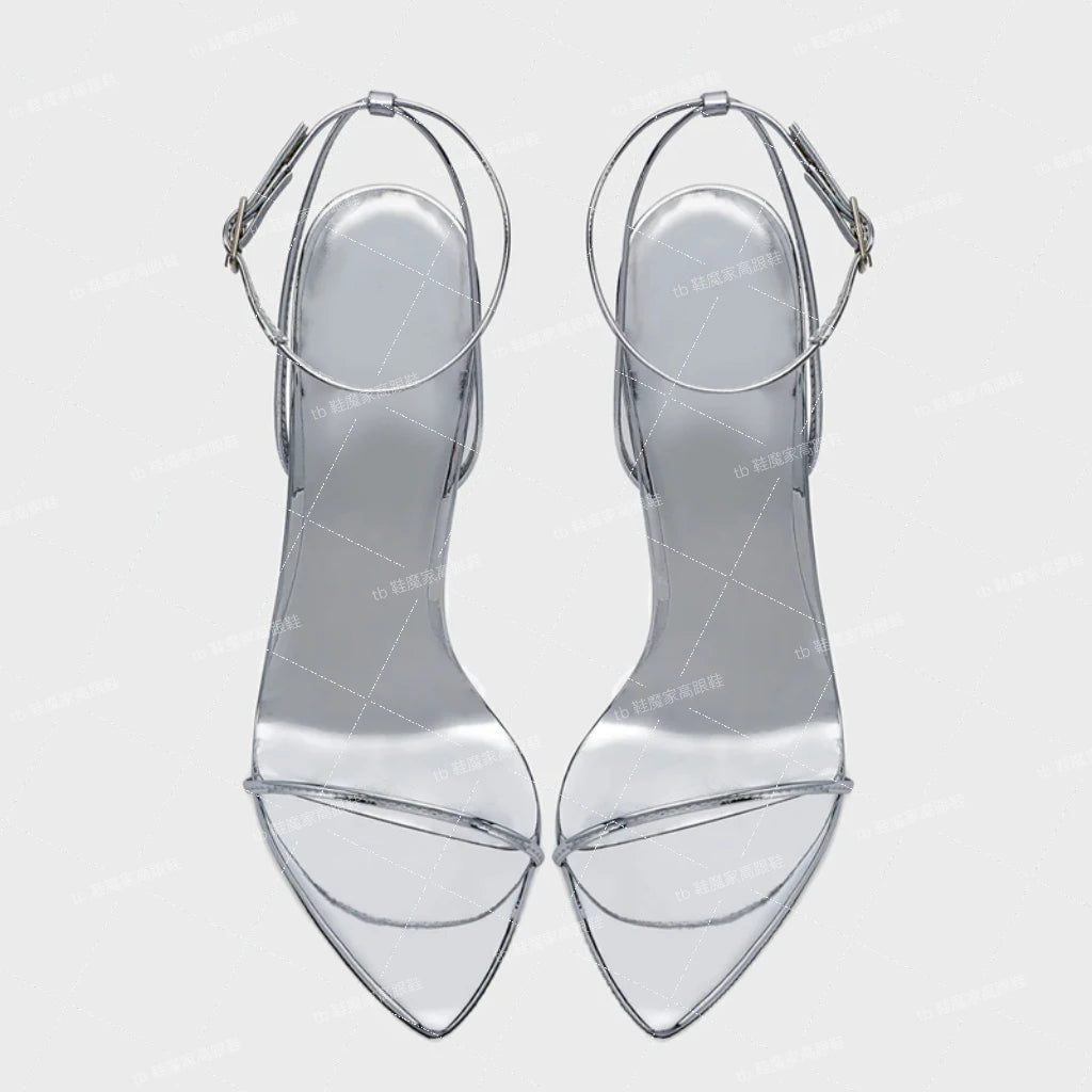 Silver 12cm slim toe high-heeled shoes, 2025 new sexy one-piece buckle fashion sandals, single shoe33-46 -