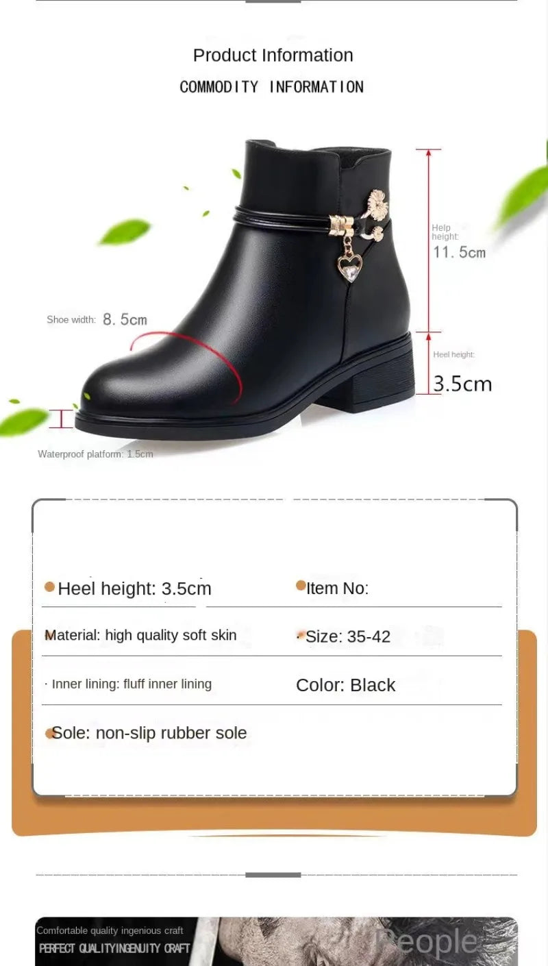 Winter Boots Women's Waterproof Warm Leather Mother Cotton Boots Fashion Black Mid heel Plush Snow Boots Soft Sole Short Boot -