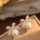 Sparkling Rhinestone Bow Pearl Stud Earrings -