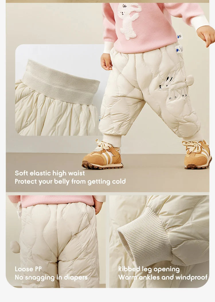 Keep your kids cozy and protected with these new style three-proof high-waisted warm down trousers—perfect for boys and girls on chilly days! -