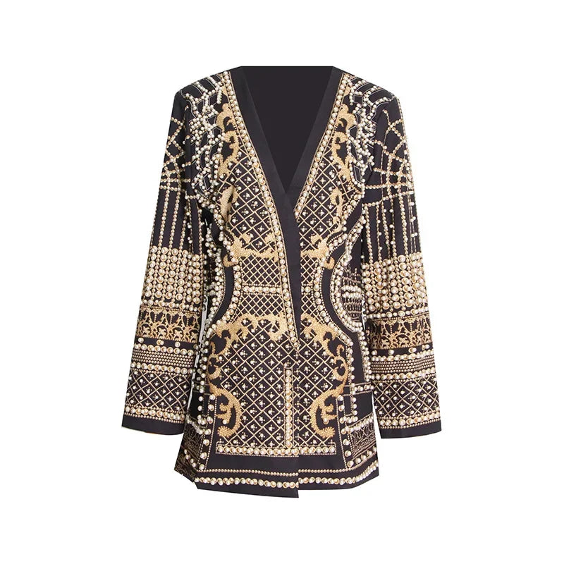 Turn heads with this mid-length slim fit blazer for women—featuring a sexy V-neck, full sleeves, regular tight waist, elegant pearl accents, and stylish splice detailing! -
