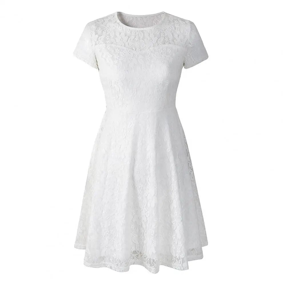 Make a chic statement with this elegant women's dress featuring an O-neck design, transparent lace, and hollow detail—a perfect choice for a sophisticated and stylish look. -
