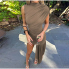 Elegant Women Pleated Irregular Patchwork Maxi Dress Chic Long Sleeve High Neack Dresses 2025 Summer Turtleneck Party Prom Gowns -