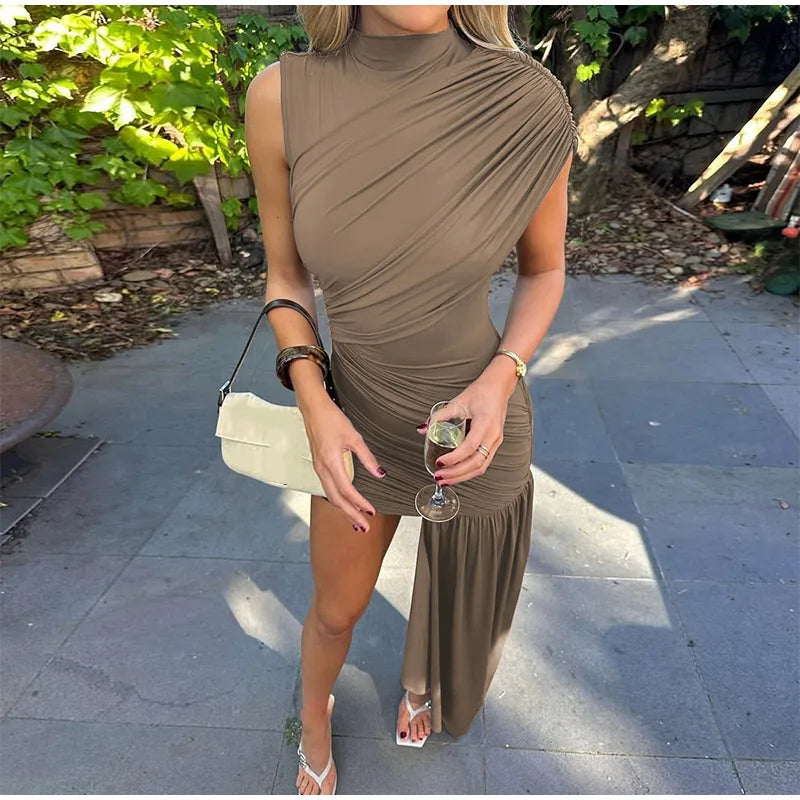 Elegant Women Pleated Irregular Patchwork Maxi Dress Chic Long Sleeve High Neack Dresses 2025 Summer Turtleneck Party Prom Gowns -