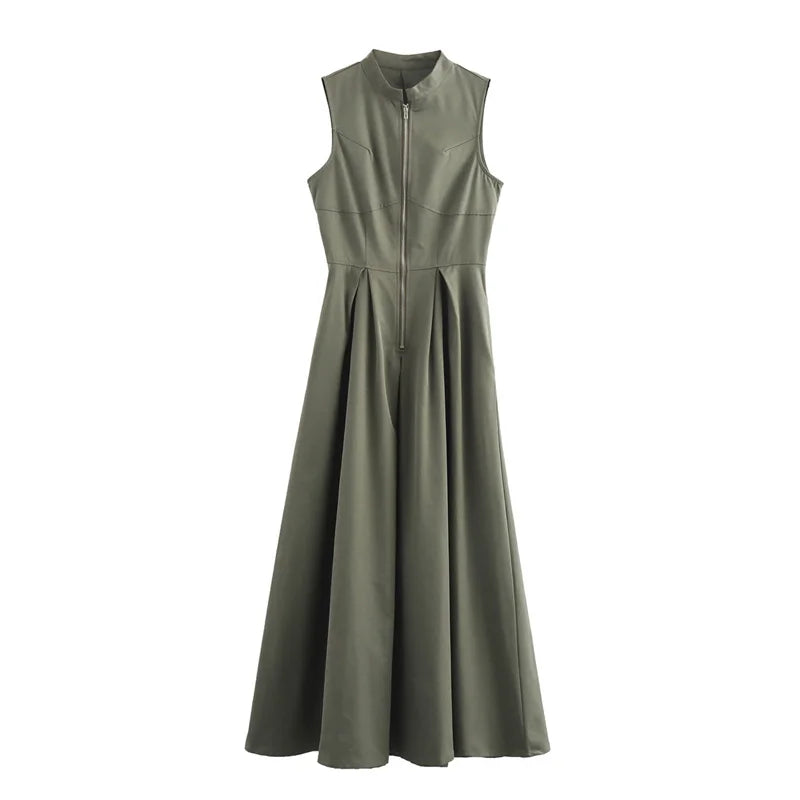 MUJER Zipper Long Dress Woman Pleated Sleeveless Bodycon Dress Summer Elegant Party Dresses For Women 2025 New Midi Dresses -