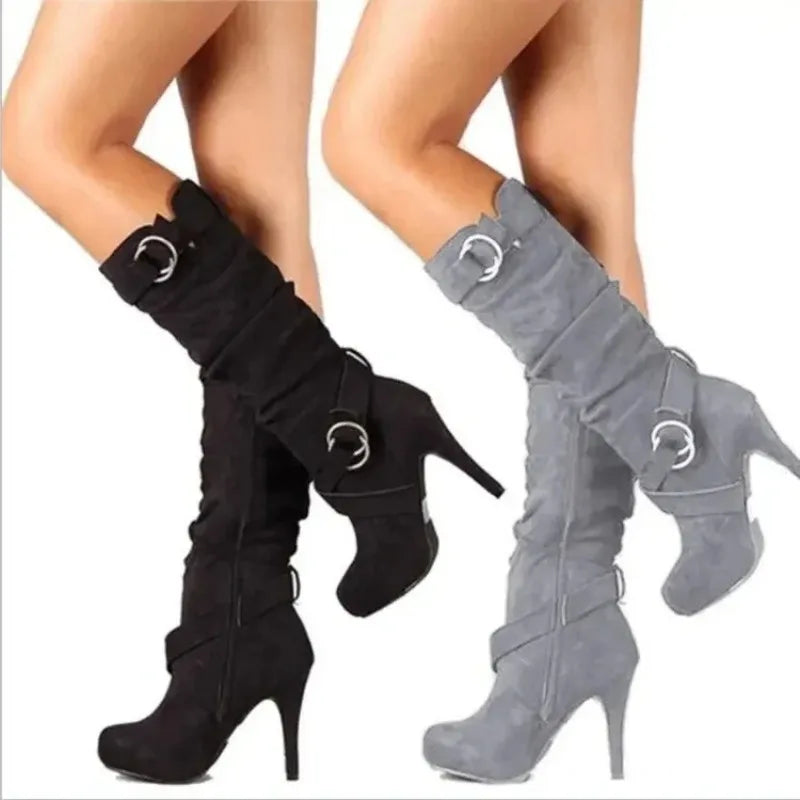 Make a statement with these new sexy knee-high women boots featuring thin, high heels. Perfect for adding a touch of elegance and style to any outfit! -