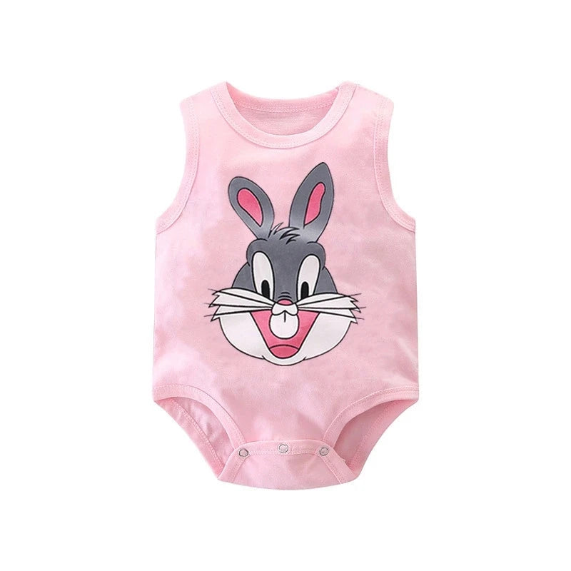 Keep your baby boy cool and comfy with this cotton sleeveles outfit featuring adorable cartoon bodysuit pajamas perfect for playtime and sleep! -