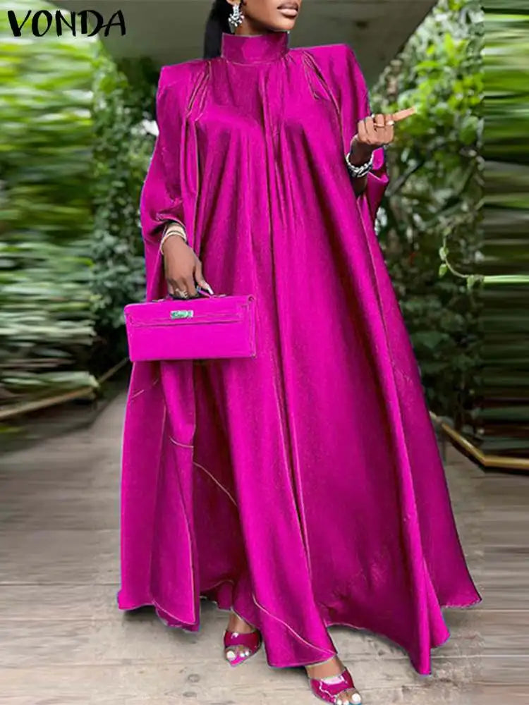 Plus Size 5XL VONDA 2023 Women Stand Collar Elegant Satin Dress Long Bat Sleeve Evening Pleated Maxi Sundress Casual Solid Robe -