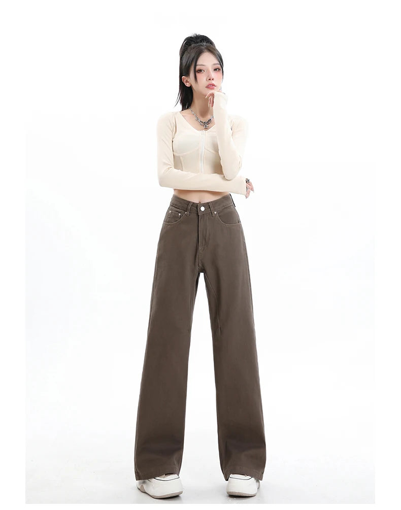 Rock the urban vibe with these baggy, high-street fashion, straight brown jeans for women! -