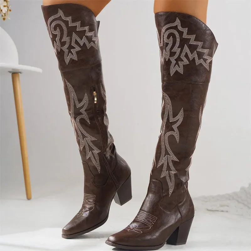 2025 Brand Plus size 43 High Quality Retro Black Block Heels Over the Knee Western Boots Vintage High Cowboy Boots Women Shoes -